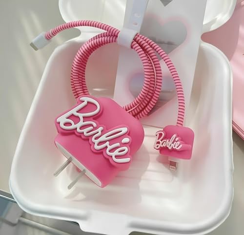 Image of skysia Charger Protector and Cable Protector for iPhone (18W-20W) - 3D Cute Pattern, Data Line Wire Saver, Full Protection Cover 4 in 1 - Multicolored (One Piece) (Barbie Baby Pink)