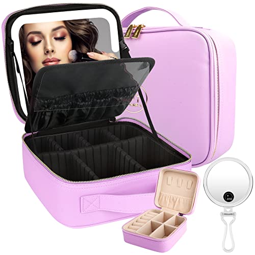 MOMIRA Travel Cosmetic Train Case with Lighted Mirror 3 Color Scenarios Cosmetic Bag Organizer with Adjustable Dividers Makeup Storage for Women, Makeup Accessories & Tools Case Purple