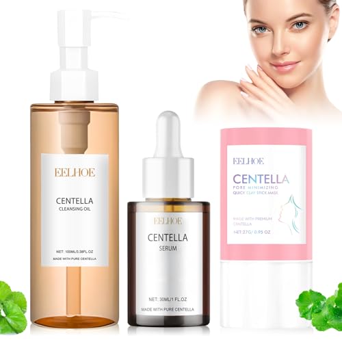 3 Pièces Ensemble de Soins de la Peau Centella, Centella Cleansing Oil + Centella Serum + Centella Poremizing Quick Clay Stick, Centella Asiatica Extract, Convient à Tous Les Types de Peau