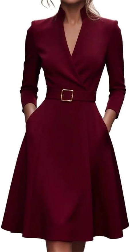 Womens V Neck A Line Dress Long Sleeve Belted High Waist Flowy Elegant Business Work Knee Length Dress