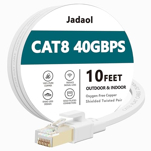 Jadaol Cat 8 Ethernet Cable 10 ft, 40Gbps 2000MHz Flat RJ45 S/FTP LAN Patch Cable, High-Speed Cat8 Network Cable for Router, Modem, Switch, Gaming Consoles, PC, Home Network & Streaming Devices, White by Jadaol - Used condition - US$6.53