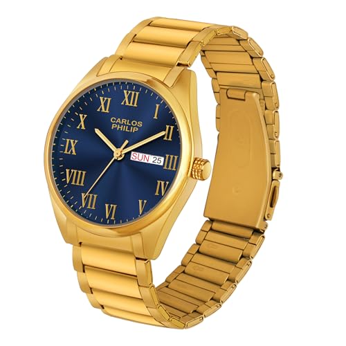 Image of Carlos Philip Men's Roman Numeral Analog Watch - Day and Date Display, Stainless Steel Strap, Quartz Movement, Business Style Watch for Men