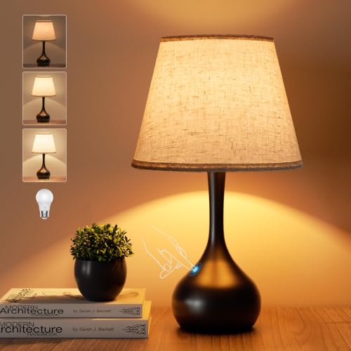 ONEWISH Touch Bedside Lamp, Farmhouse 3-Way Dimmable Table Lamps for Nightstand with Fabric Shade, 17.32'' Desk Lamp for Reading, Bedroom, Livingroom, Office