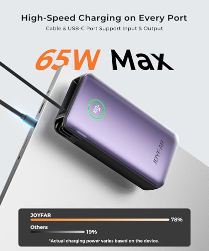 Image of Portable Charger Power Bank - Laptop Battery Pack 65W AC Plug GaN 25000mAh Built in Cable USB C Phone Fast Charging Compatible with iPhone 16 15 14 13 12 11 X iPad MacBook Samsung (Purple)