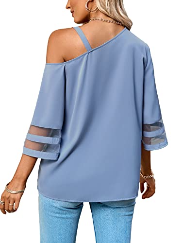 Lyaner Women's Cold Shoulder Mesh Panel 3/4 Bell Sleeve Casual Top Blouse Shirt Dusty Blue Medium #TOP1