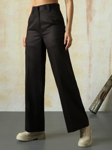 Image of High Star Women High Rise Solid Regular Length Wide Leg Casual Trousers
