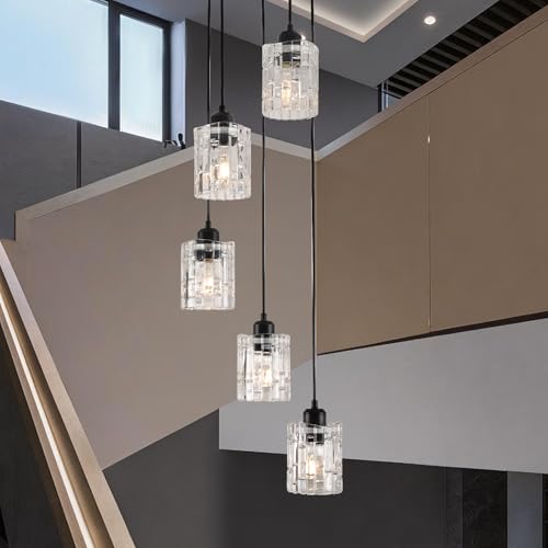 Finktonglan 5-Light Glass Pendant Light Staircase Chandelier, Black Cluster Pendant Lighting, Sloped Ceiling Compatible, Adjustable Height for Foyer Entryway Dining Room & Kitchen Island, E26 Base