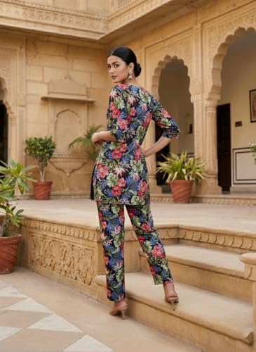 Image of NAINVISH Women's Printed Rayon Blend Co-ord Set | Straight Fit Top & Pant Ensemble | V-Neck Mandarin Collar Styles | Modern Black, Orange, Purple, Green Designs | Perfect for Casual, Festive Events