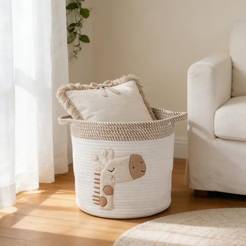 Uandhome Large Blanket Baskets for Living Room Decor, Toy Storage Baskets Woven Cotton Rope Storage Basket for Kids, Dog Toys Organizer Clothes Hamper with Embroidery Decor for NurseryLaundry(Brown)