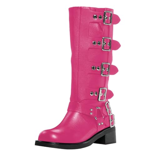FOWT Women Round Toe Knee High Boots Chunky Low Heel Riding Boots Strappy Buckle Stylish Daily Shoes Size 4-16 US