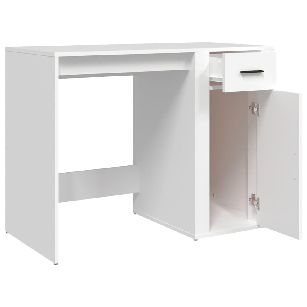Schreibtisch Weiß Holzwerkstoff 100x49x75 cm mit Schublade und Schrank Stauraum für Homeoffice Arbeitszimmer PC Laptop Sekretär ergonomisch platzsparend vielseitig für Schüler und Gaming