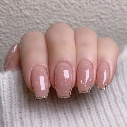 Ceboic 24Pcs Uñas Postizas Cortas Cuadradas Nude Rosa Brillantes Francesa Press on Nails con Diseño Acrílico Uñas Falsas Naturales Cobertura Completa para Mujeres y Niñas, 12 Tamaños