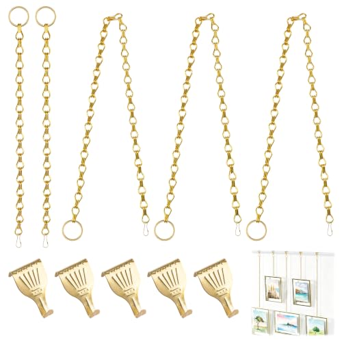 Image of Picture Hanging Kit - 5Pcs Frame Rail Hooks with 5Pcs Chains, Art Display Hanging System in Two Sizes for Wall Picture, Exhibition(Gold Detachable Chain, 30CM & 60CM)