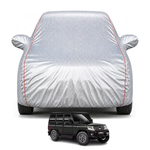 Image of Car Cover Compatible with Bolero 2011-2026 Models 100% Waterproof All Weather Protection Mirror & Inner Cotton Triple Stitched Cover, Adjustable Belt Bottom Elastic (Metalic Silver)