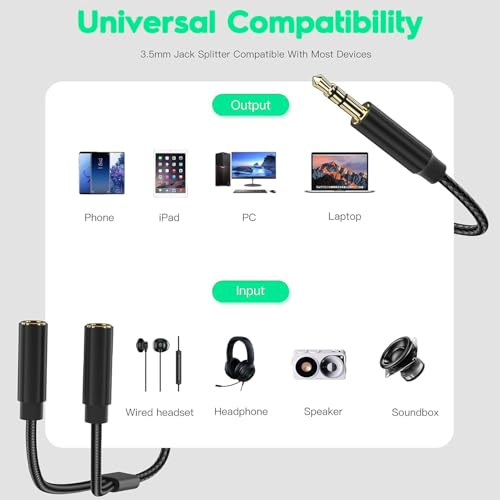 Audio Splitter, Audio Klinke Y Splitter Adapter 3.5mm Stecker auf Buchse Headset Stereo Aux Adapter Splitter Kabel Kopfhörer Doppelstecker für Tablet, Laptop, Samsung, Smartphone, Lautsprecher, PC