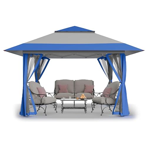 CROWN SHADES 13x13 Pop Up Gazebo, Canopy Tent, Gazebos on Clearance - Outdoor Gazebo for Backyard & Patio Furniture - Carpa Pop Up Tent with Wheeled STO-N-Go Cover Bag (Blue & Grey)