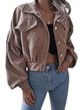 YOSICIL Chaqueta de Pana Corta Mujer Retro con Bolsillos Blusa Casual Manga Abullonada Oversize Holgada Abrigo con Botones Diario Trabajo Fiesta Color Sólido Moda Urbana,Caqui,L