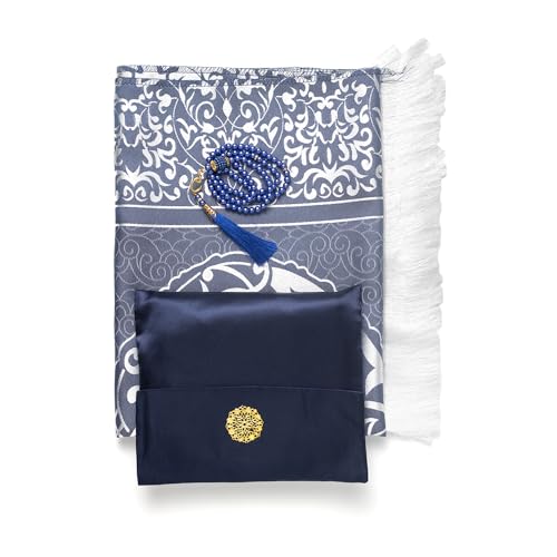 ABDEEZ Tappetino da preghiera con motivo turco, set con perline da preghiera musulmana e sacchetto di raso, regalo islamico ideale per Ramadan, Eid, matrimoni e Umrah (blu navy)