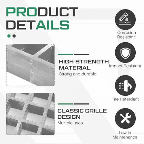 Image of Cinnvoice 1 Pcs Fiberglass Molded Grating, Non-Slip Frp Bar Grate Panel 1.5 inch Square Open Mesh Industrial Grating for Floor, Platform, Deck, Drain Trench, Car Wash (24 x 24 x 1.5 Inches,Grey)