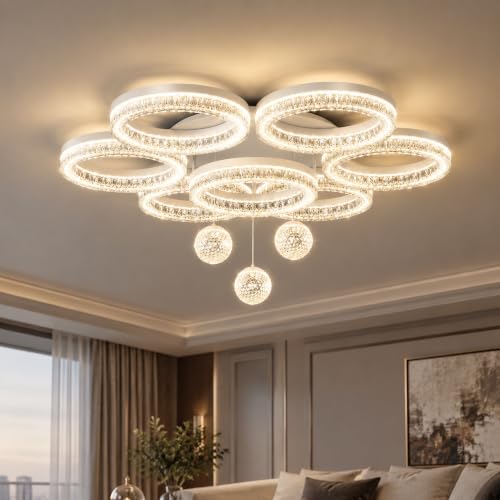 ziidoo Modern Crystal Rings Ceiling Light, White Globe Chandelier Dimmable Adjustable Lights Metal Acrylic Big Led Lighting Fixture for Kitchen Dining Room Bedroom Hallway Living Room