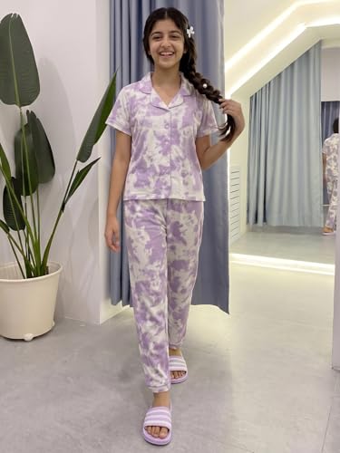 Image of Li'l Tomatoes Girls 100% Cotton Night Suit Set | Half Sleeve Shirt & Pyjama Set | Soft & Breathable Sleepwear | Casual Summer Wear | 9-16 Years