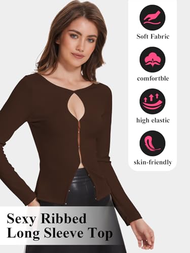 Image of Ribbed Long Sleeve Tops for Women Cut Out Ribbed Knit Crewneck Sweater Fall Slim Fit Going Out Top