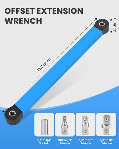 Image of QUICKWOLF Offset Extension Wrench Set, 3 /8 Inch Offset Extension Wrench, Off Set Extension Wrench, Tight Reach Extension Wrench, Slim Offset Extension with 1 /4 inch, 3 /8 inch, 1 /2 inch Adapters for Tight Spaces