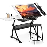 Magshion Drafting Table Set Adjustable Height Artist Desk with Tilting Wooden Tabletop and Sliding Desktop, Multifunctional Art Desk with Stool & 2 Iron Storage Drawers for Home Office School (White)