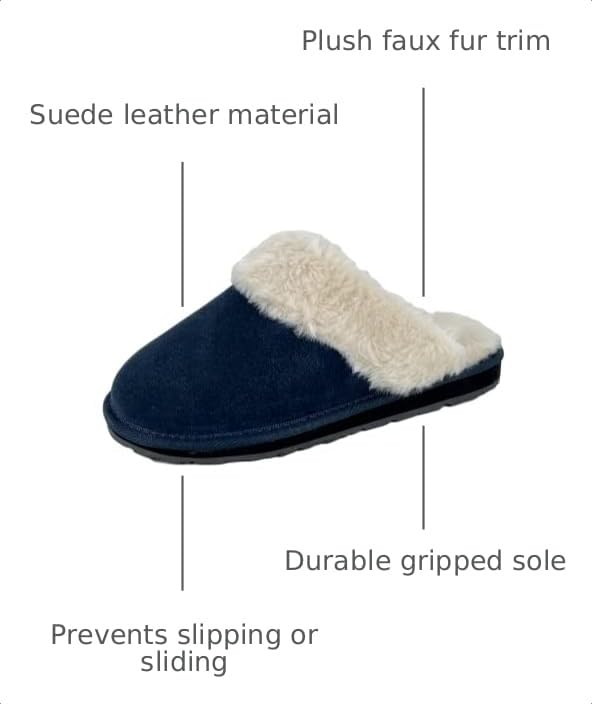Image of Clarks Womens Open Back Suede Leather Comfort Clog Slipper JMS0583C - Plush Faux Fur Trim - Indoor Outdoor House Slippers For Women