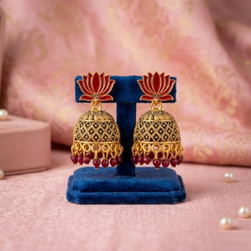 Image of OnlyKing Traditional Lotus Meenakari Jhumka Earrings for Women & Girls | Gold Color Oxidised Ethnic Floral Jhumki | Temple South Indian Style Ear rings Set | Stylish Trending Big Colorful Jhumkas (Available in 12 Colors)