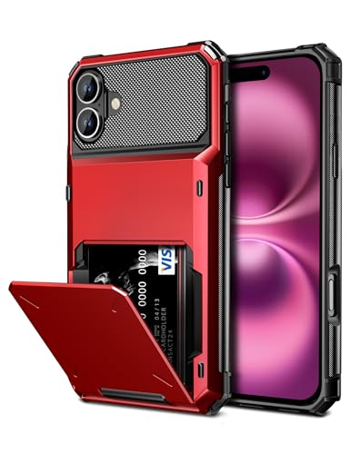Vofolen Compatible with iPhone 16 Case with Card Holder Dual Layer Heavy Duty Shockproof Hidden Flip 4-Card Slot Wallet Phone Case for iPhone 16 for Women Men, 6.1 Inch Red