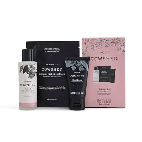 Cowshed Pamper Set Indulge Bath & Shower Gel & Refresh Hand Cream with Rejuvenate Mineral-Rich Sheet Mask | Paraben-Free Moisturising Bodycare | Luxury Spa Gift Set