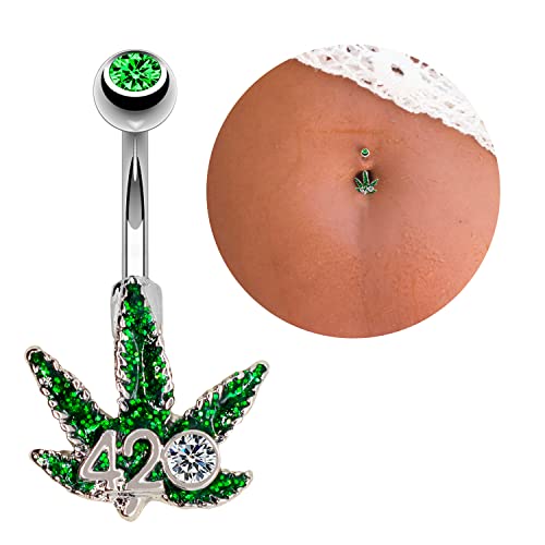 Pierce2Go 14G Belly Button Rings Surgical Steel Weed Marijuana 4/20 Belly Button Ring With Cz Stone - Belly Piercing For Women – 7/16” #TOP1