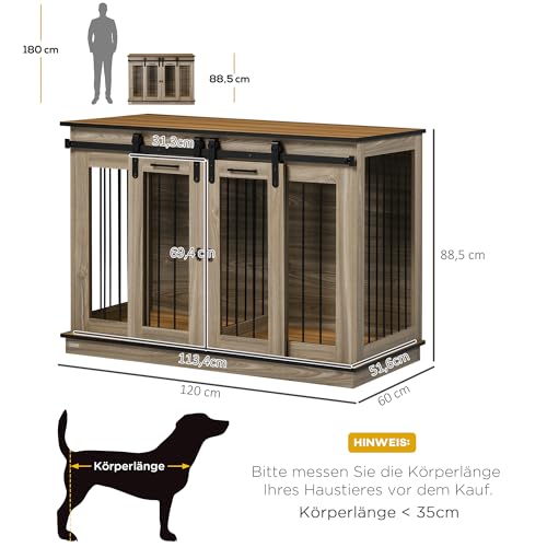 PawHut Hundekäfig, Hundehütte mit Zweiraum-Option, Haustierkäfig mit Doppeltüren, Hundebox, Hundehaus für Mittelegroße Hunde, 120 x 60 x 88,5 cm, Eiche