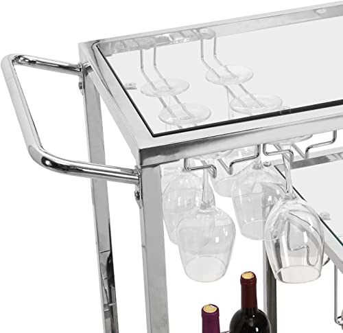 Glass Bar Cart With Wine Racks&Glass Holders, Wine Serving Cart With Wheels&Handle, 3-Tier Kitchen Trolley With Glass Storage Shelves Metal Frame, Silver #TOP3
