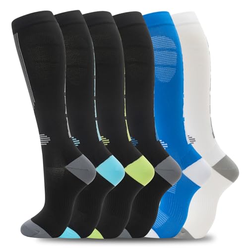 FLD Comfortway Socks Women Men 6 Pairs, Knee High Best Support Circulation Socks for Running, Travel, Flight, Nurse