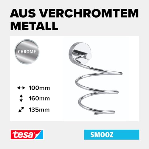 tesa SMOOZ Föhnhalter verchromt, spiralförmig - Haartrockner-Halter zur Wandbefestigung ohne Bohren, inkl. Klebelösung - 100mm x 160mm x 135mm