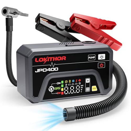 LOKITHOR JPD400 Jump Starter with Air Compressor and Deflator, 3000A Car Battery Jump Starter (9.0L Gas/7.0L Diesel) Jump Box with 150PSI Tire Inflator, 10000mAh Power Bank, LED Light, Jumper Cables