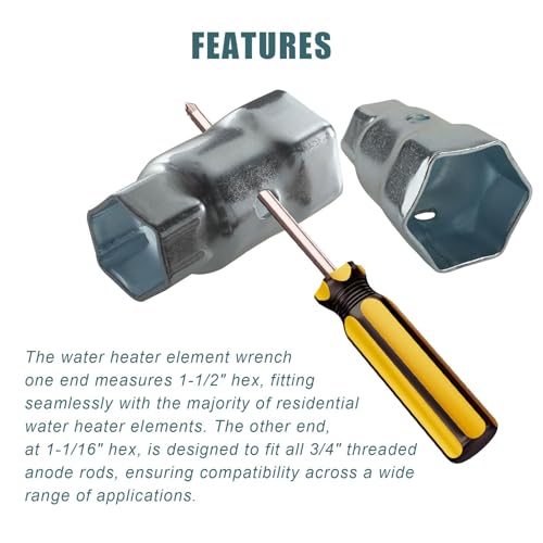 Image of 2 PCS Upgrade RV Water Heater Element Wrench Socket 1-1 /16 in x 1-1 /2 in x 6 in, Dual Hex Wrench Removal Tool for Anode Rod