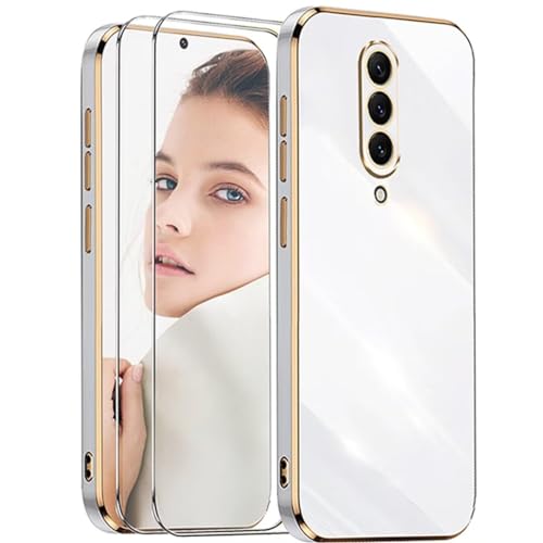 ATISIJIE Funda para OnePlus 8,Antigolpes Carcasa Flexible de Silicona Suave con 2× Cristal Templado,Diseño Marco Dorado Cubierta Protectora-Blanco