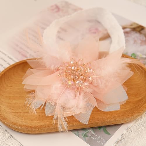 Bethynas Baby Girls Lace Feather Headband Beads Gauze Flower Elastic Toddler Hairband Birthday Party Princess Hair Accessories for Newborn Infant (Pink)4
