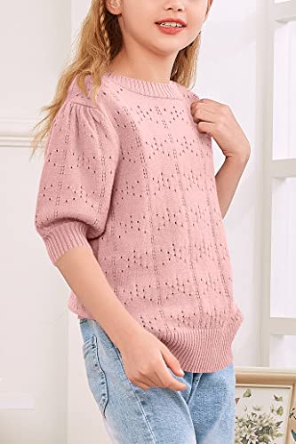 Klousilover Girls Blouse Tops Fall Casual Puff Sleeve Crew Neck Sweaters Solid Hollow Out Knit Pullover Jumper Tops A-Pink #TOP3