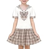 Sunny Fashion Girls Dress Brown Check Bow Tie Sailor Uniform School Short Sleeve Size 10