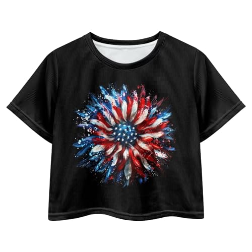 Image of 4th of July Shirt for Girls 7-8 Years US Flag Crop Tops Kids Outfit Independent Day Graphic Tee-