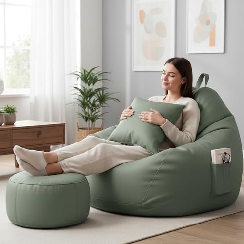 Image of KAM'S LIEU Leatherette Bean Bag Chair with Footrest | Filled with EPS Beans | Comfortable Sofa for Living Room & Bedroom | 4XL Size, Easy to Clean Color- (Green)