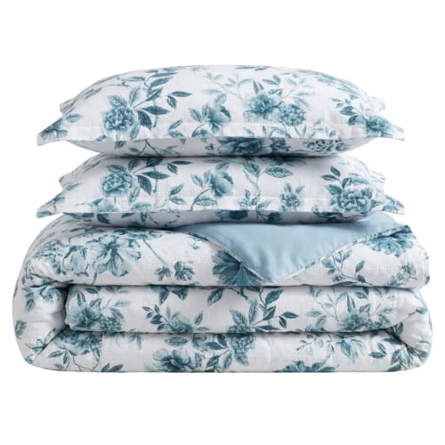 Image of Martha Stewart - King Comforter Set, Textured Cotton Jacquard with Refined Softness & Medium Weight Feel, 3 Piece Bed Set with Matching Pillowcases (Vivian Floral Blue)