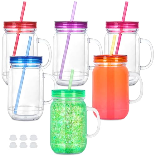 Maucircol 20 Oz Acrylic Snowglobe Tumbler with Handle, 6 Pack Pre-Drilled Double Wall Plastic Mason Jar for Glitter Snow Globe Diy, Double Wall Snowglobe Cup with Colorful Lid