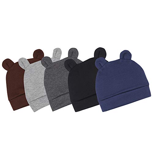 Whteian Baby Hat Newborn Infant Baby Boys Beanie Hats Baby Toddlers Kids Soft Cotton Knot Skull Caps 0-5T 5-Pack (0-10 Months, 5 Color-a (Brown,Grey, Black, Dark Grey, Dark Blue))