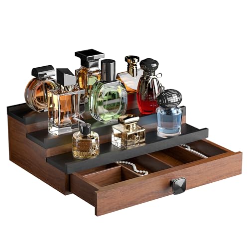 TIRYIUOU Cologne Organizer for Men: with Drawer, 3 Tier Wooden Cologne Stand Desktop Perfume Display Shelf, Bedroom Dresser Makeup Lotion Jewelry Storage Organizer ﻿