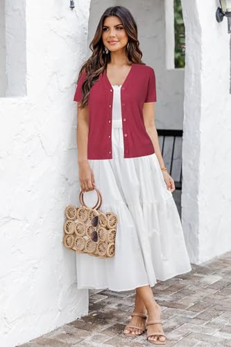 Image of Arach&Cloz Women's Wool Blend Short Sleeve Lightweight Cardigan Business Casual Summer Sweaters Tops